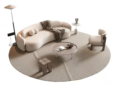 Curved Minimalist Sofa With Wooden Base 3d model