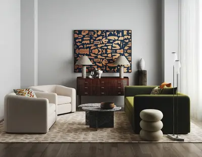 Modern Living Room with Abstract Art and Dual Sofa Setup 3d model
