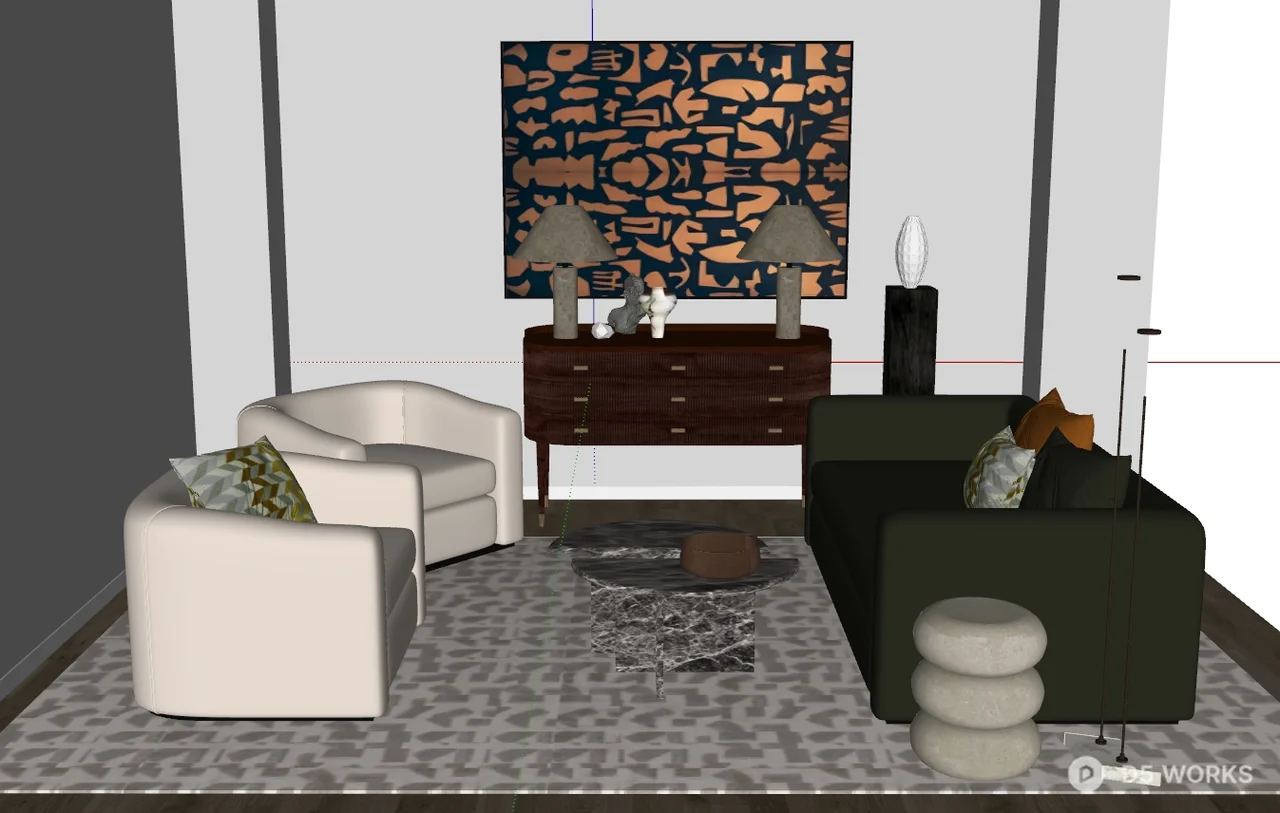 Modern Living Room with Abstract Art and Dual Sofa Setup 3d model thumbnail 2