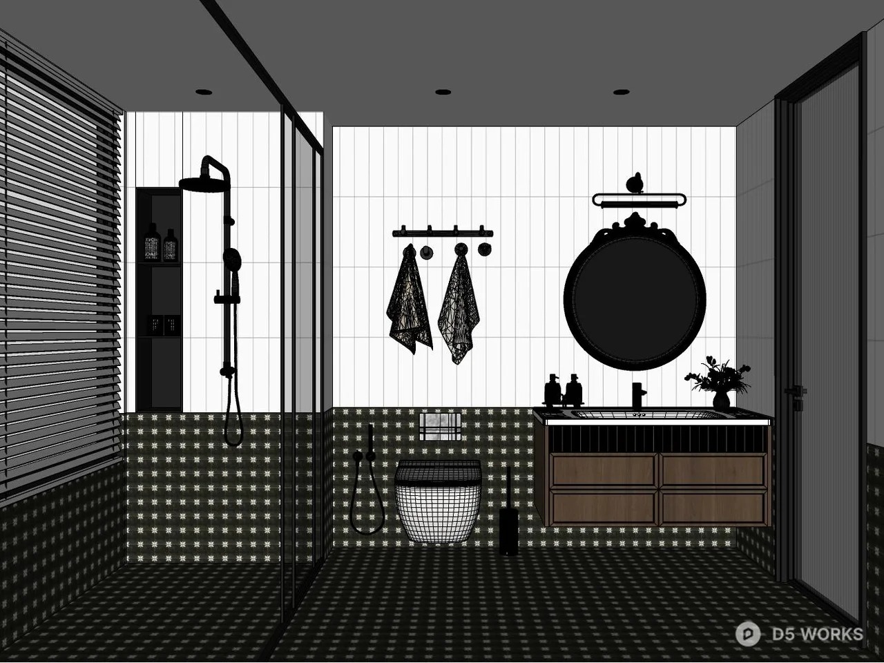 Minimalist Tiled Bathroom With Wooden Vanity 3d model thumbnail 2