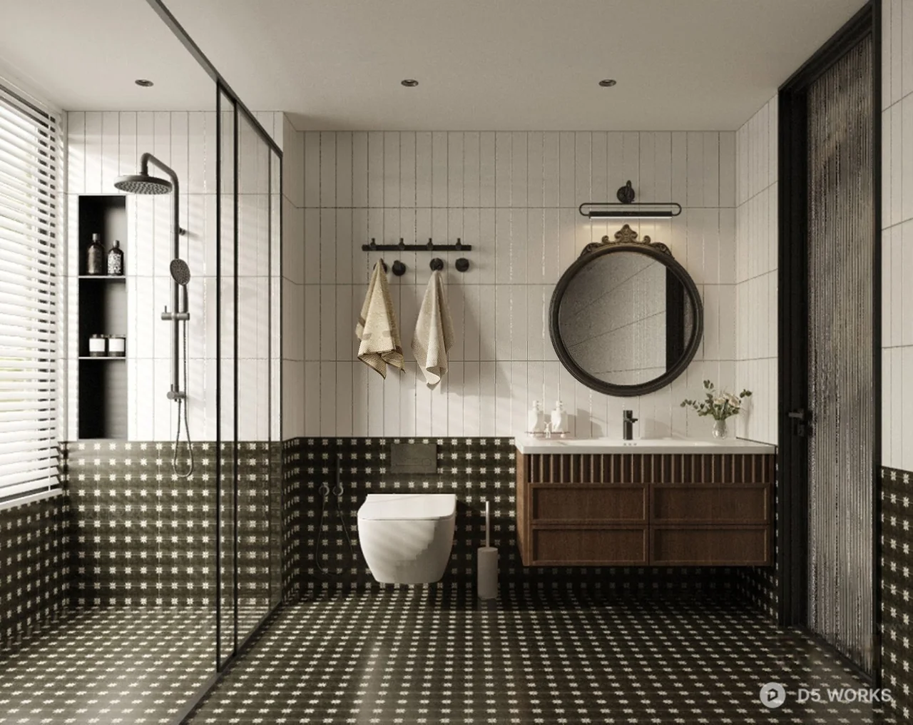 Minimalist Tiled Bathroom With Wooden Vanity 3d model - Image 1