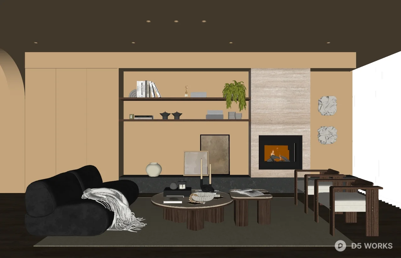 Wabi-Sabi Living Room with Minimalist Fireplace and Wooden Shelves 3d model thumbnail 2