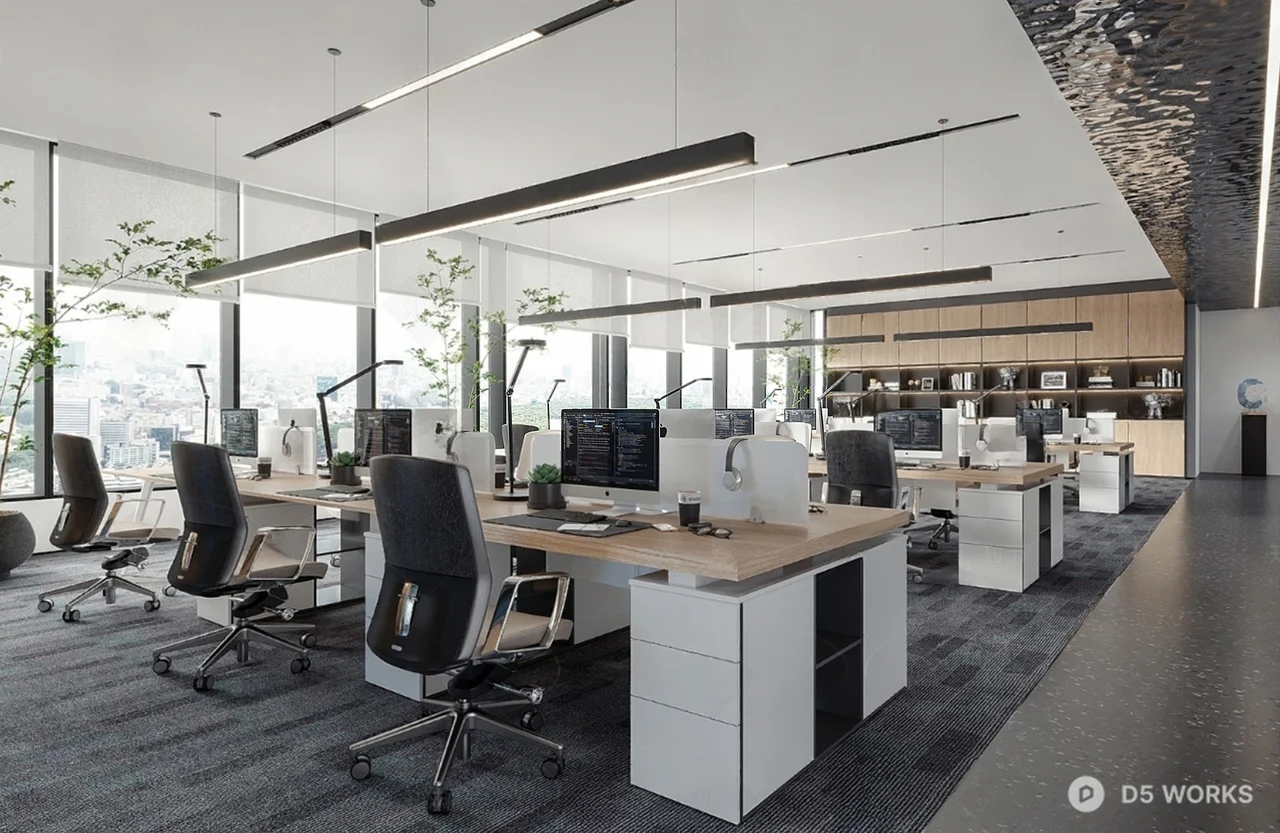 Modern Office Space With Minimalist Desks And Ergonomic Chairs 3d model - Image 1