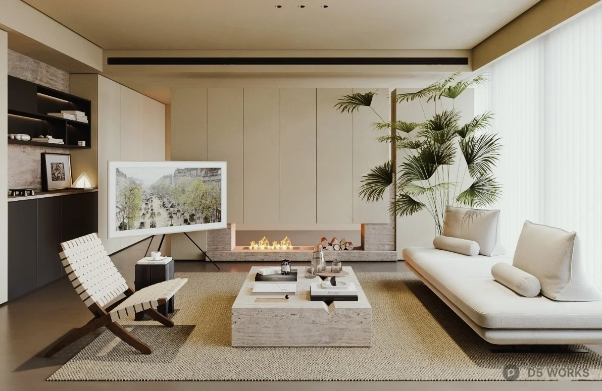 Minimalist Living Room with Fireplace and Palm Plant 3d model - Image 1