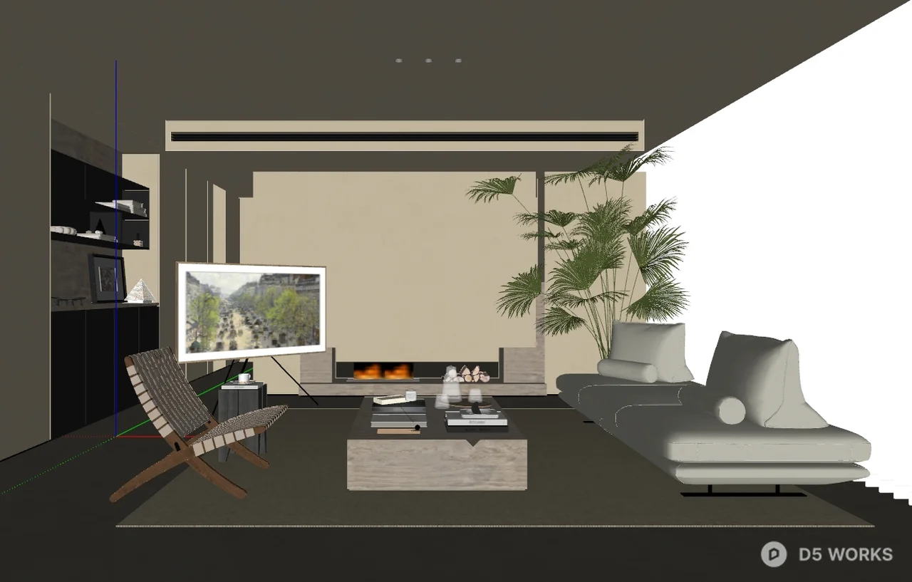 Minimalist Living Room with Fireplace and Palm Plant 3d model thumbnail 2