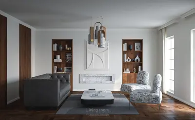 Modern Living Room with Minimalist Fireplace and Wooden Bookshelves 3d model