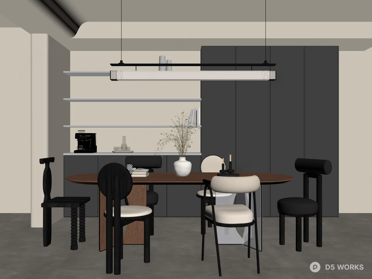 Modern Minimalist Dining Room with Dark Paneling 3d model thumbnail 2
