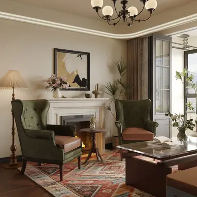 Classic Living Room with Velvet Armchairs and Fireplace 3d model