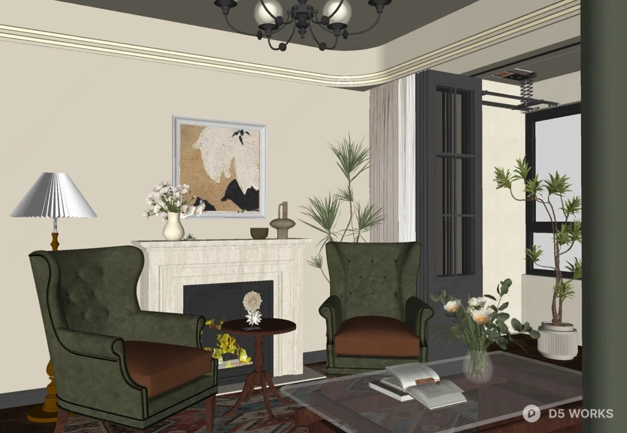 Classic Living Room with Velvet Armchairs and Fireplace 3d model thumbnail 2