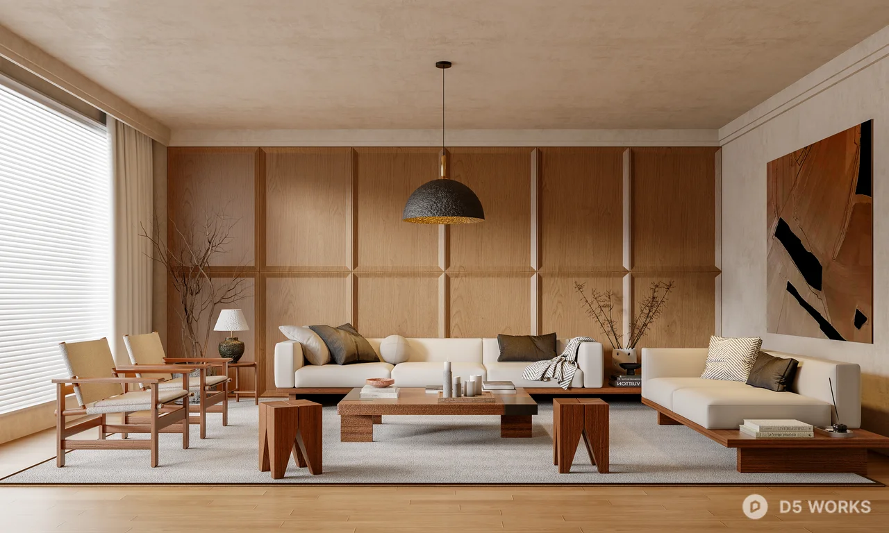 Minimalist Living Room with Wooden Paneling 3d model - Image 1