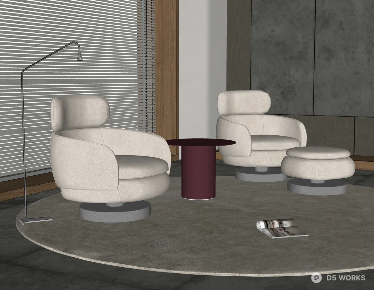 Modern Minimalist Living Room with Rotating Armchairs 3d model thumbnail 2