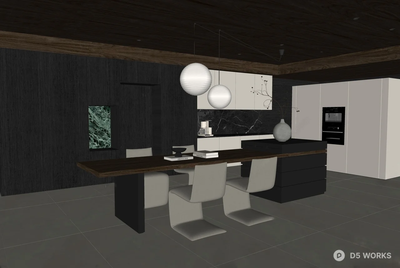 Minimalist Dining Space With Marble Backsplash And Pendant Lighting 3d model thumbnail 2