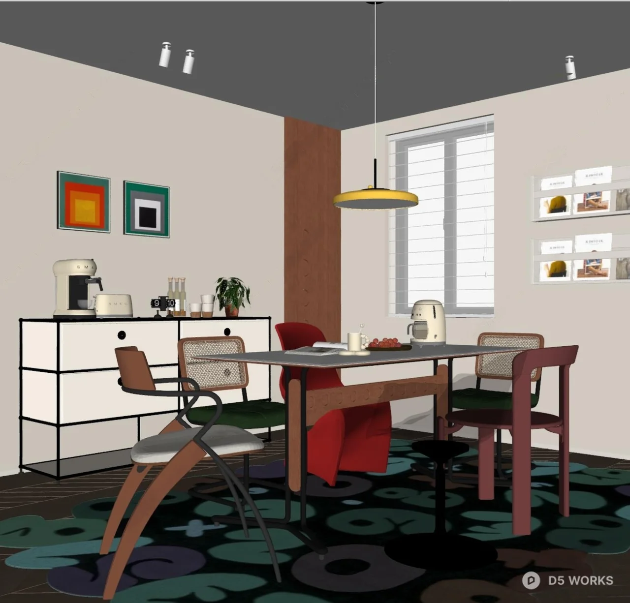 Modern Dining Room with Colorful Rug 3d model thumbnail 2