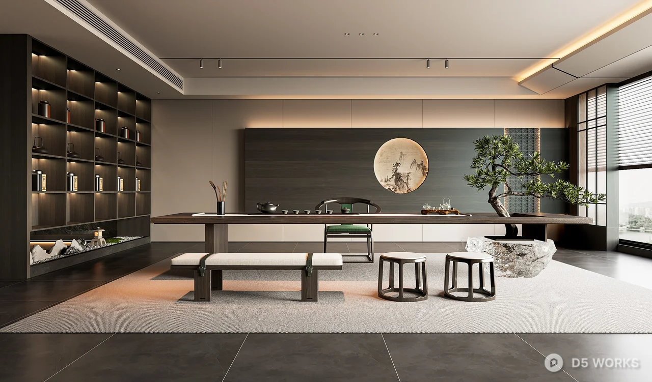 Minimalist Chinese Tea Room with Bonsai Accent 3d model - Image 1