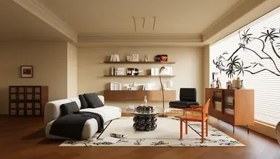 Mid Century Modern Living Room with Minimalist Decor 3d model