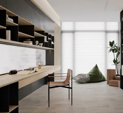 Minimalist Study Room With Built-In Shelving And Floor Cushion 3d model
