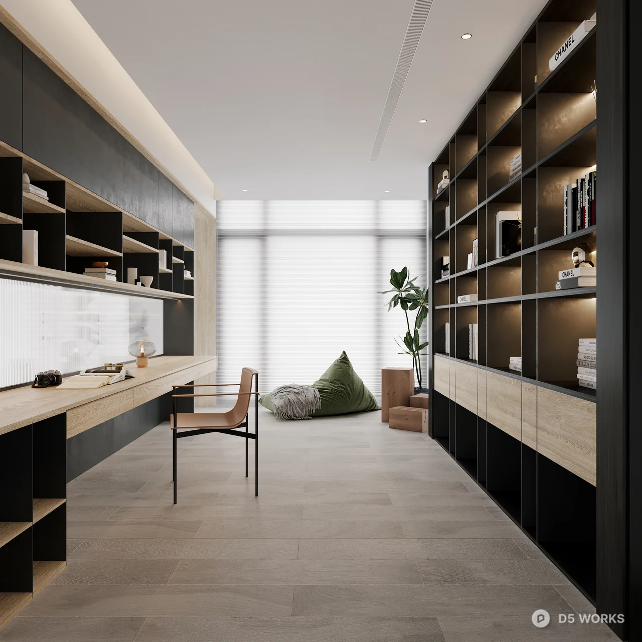Minimalist Study Room With Built-In Shelving And Floor Cushion 3d model thumbnail 2