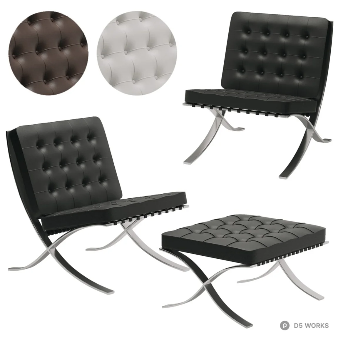 Tufted Leather Chair And Ottoman With X-shaped Metal Base 3d model thumbnail 2