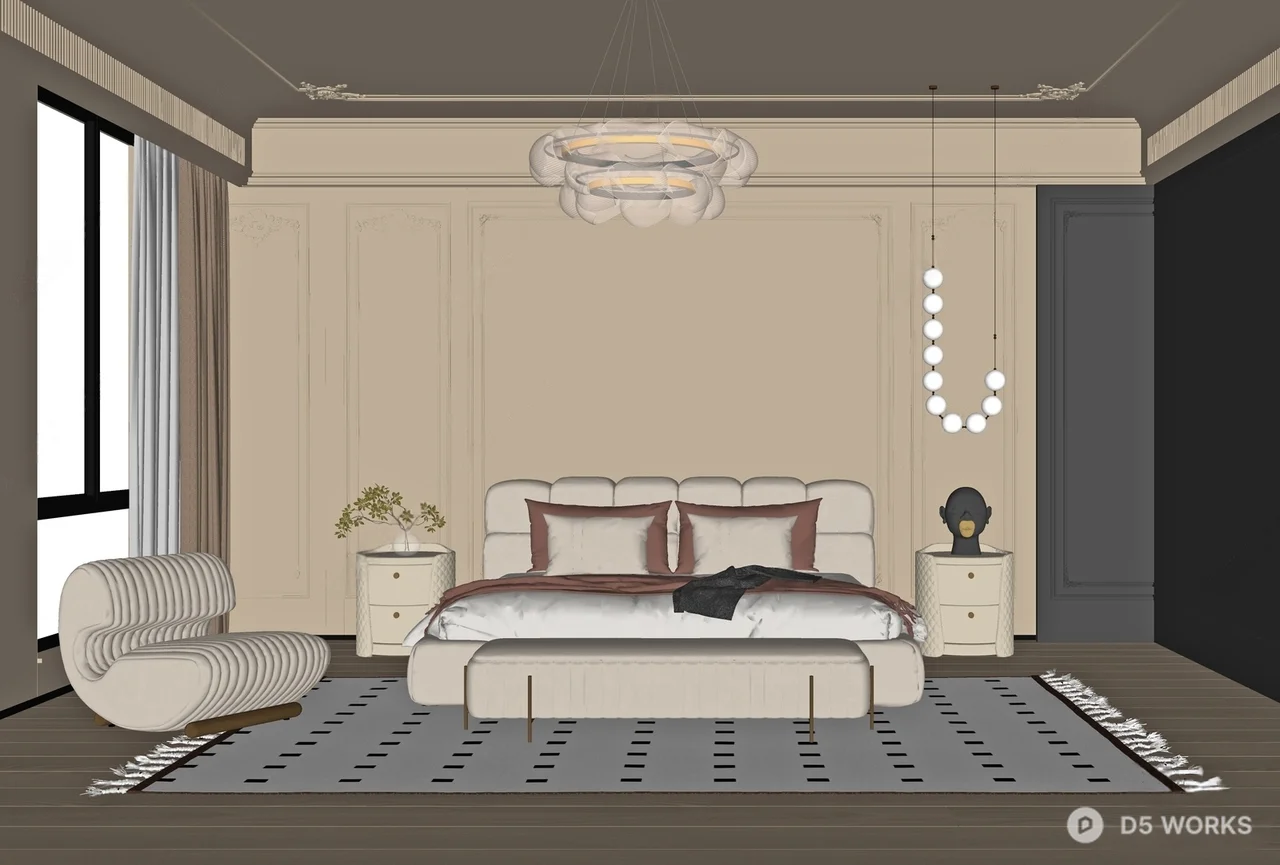 Modern Minimalist Bedroom with Cloud Chandelier 3d model thumbnail 2