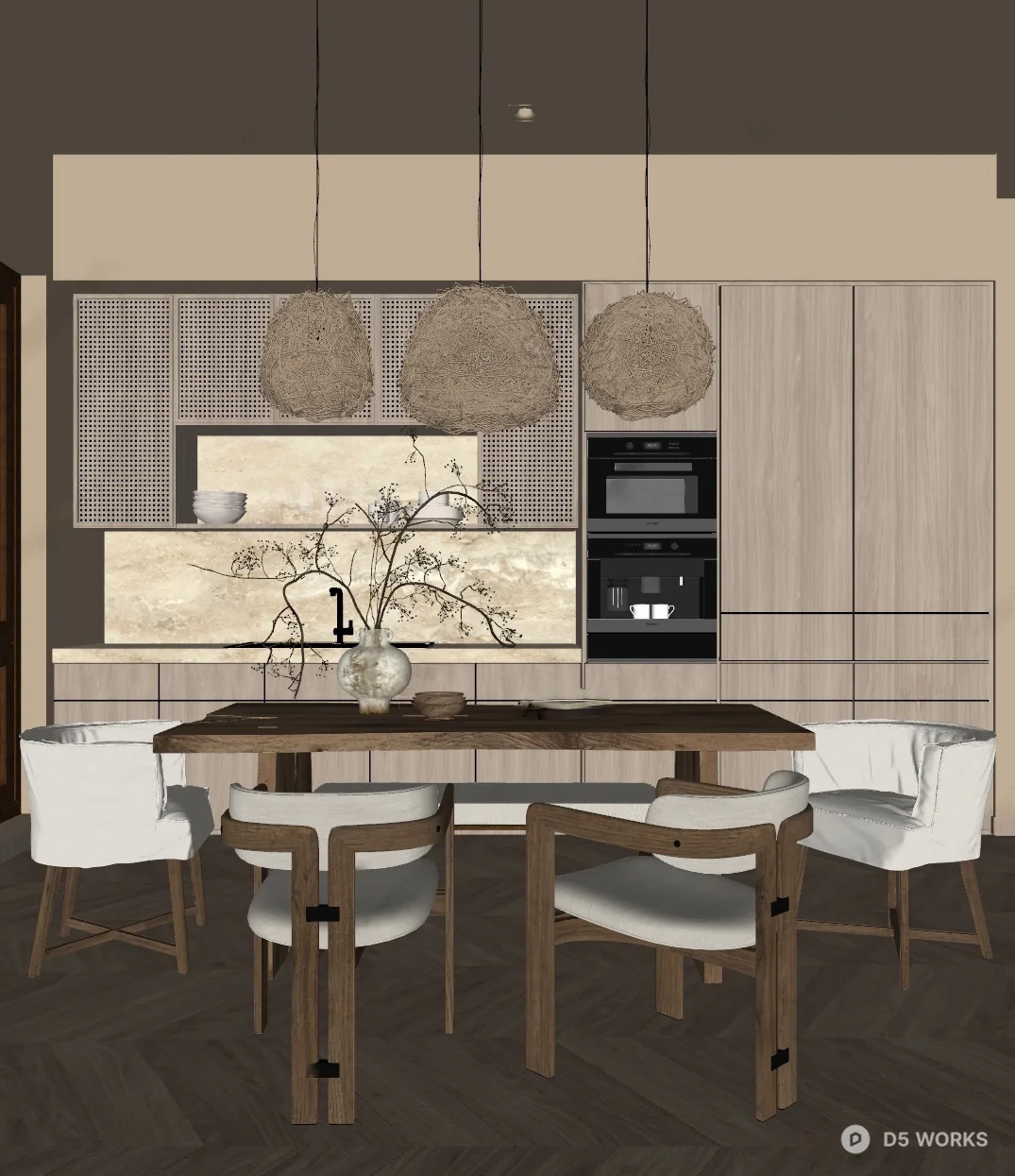 Minimalist Dining Room with Woven Pendant Lights 3d model thumbnail 2