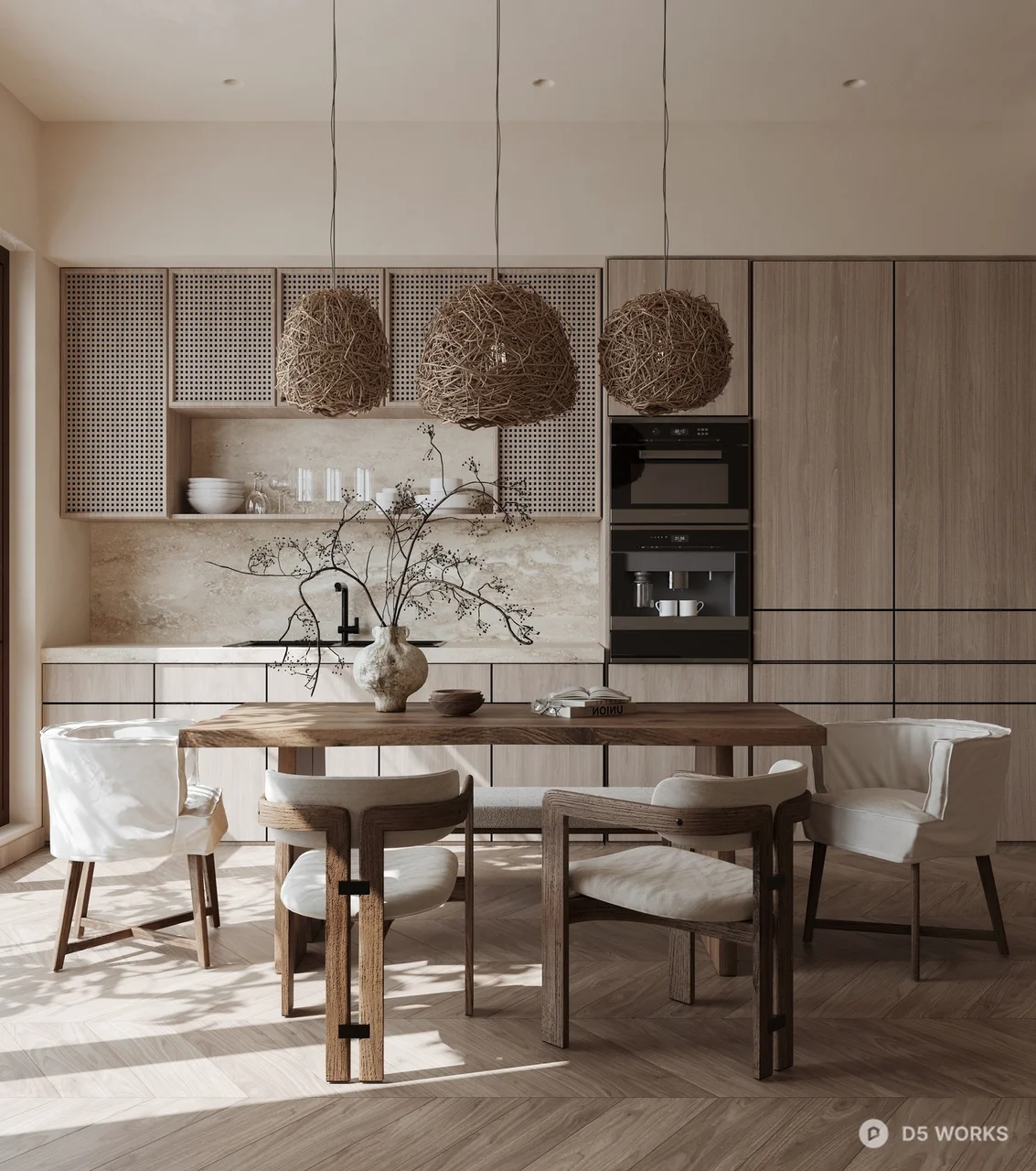 Minimalist Dining Room with Woven Pendant Lights 3d model - Image 1