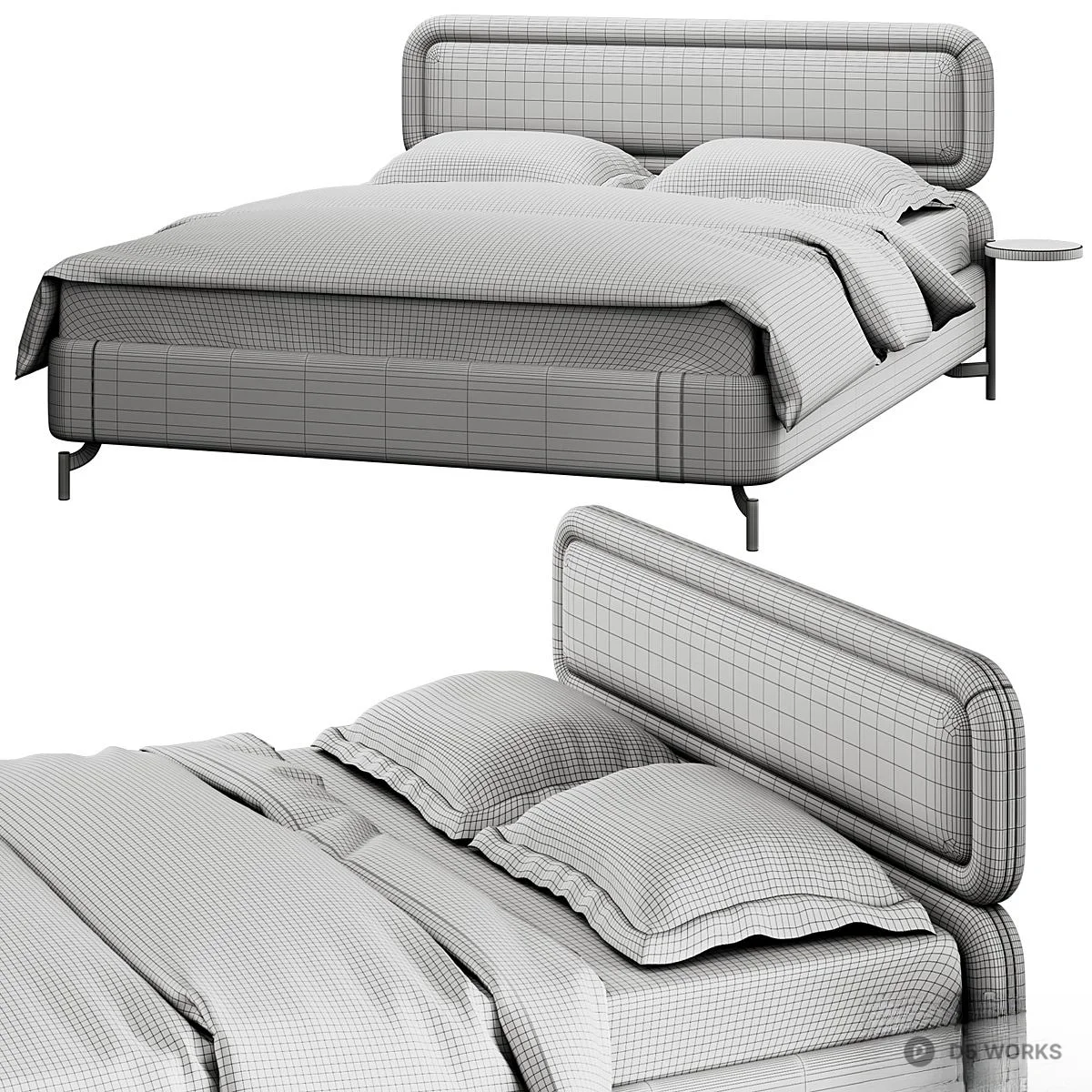 Textured Upholstered Double Bed With Green Linen 3d model thumbnail 2