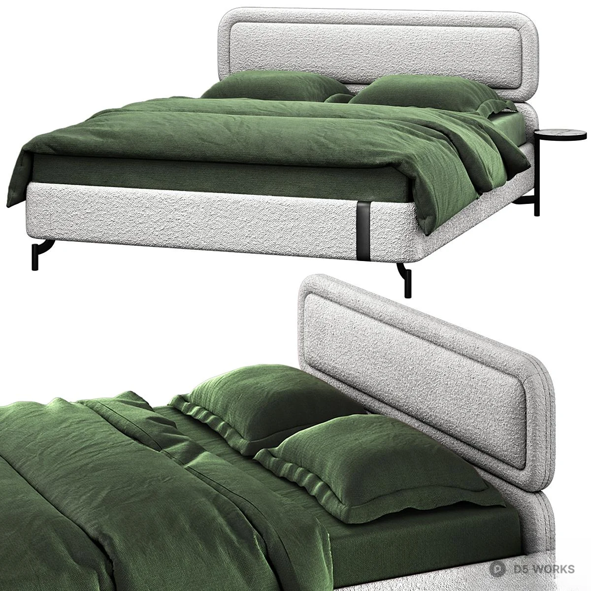 Textured Upholstered Double Bed With Green Linen 3d model - Image 1