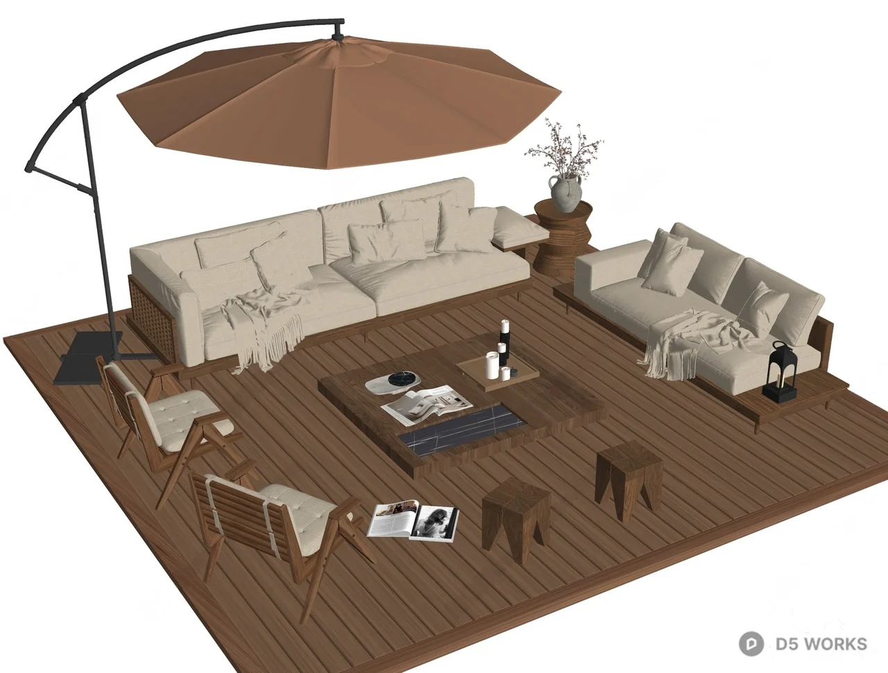Minimalist Outdoor Lounge with Canopy and Wooden Deck 3d model thumbnail 2