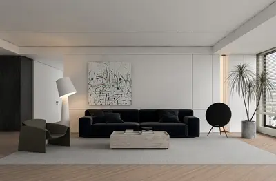 Minimalist Living Room with Black Sofa and Abstract Art 3d model