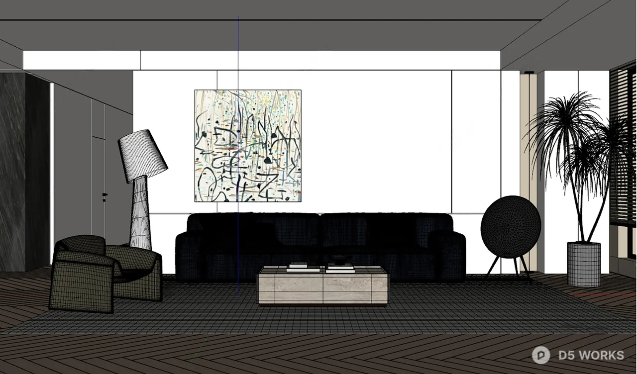 Minimalist Living Room with Black Sofa and Abstract Art 3d model thumbnail 2