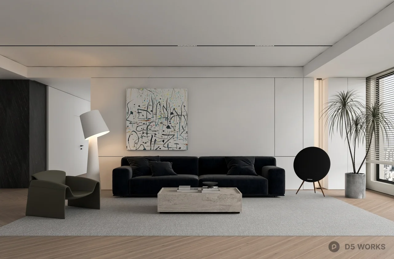 Minimalist Living Room with Black Sofa and Abstract Art 3d model - Image 1