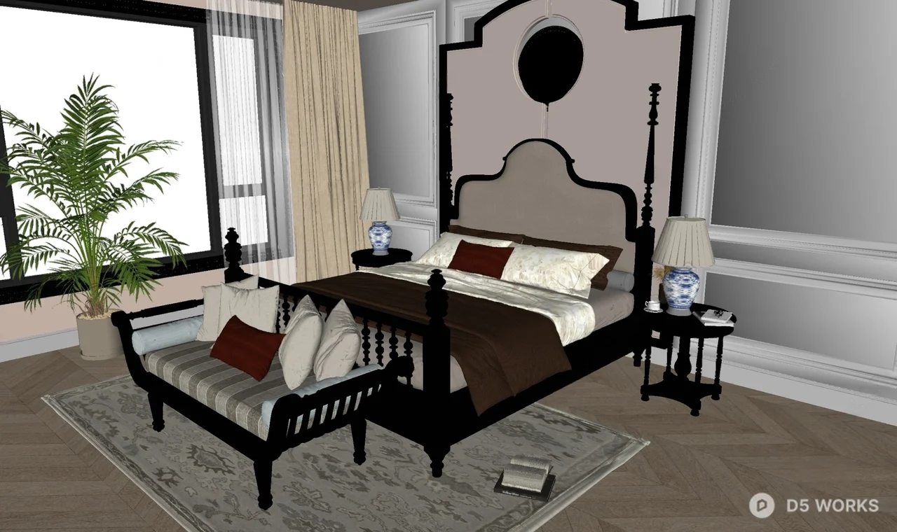 Classic Style Bedroom With Four-Post Bed And Chaise Lounge 3d model thumbnail 2