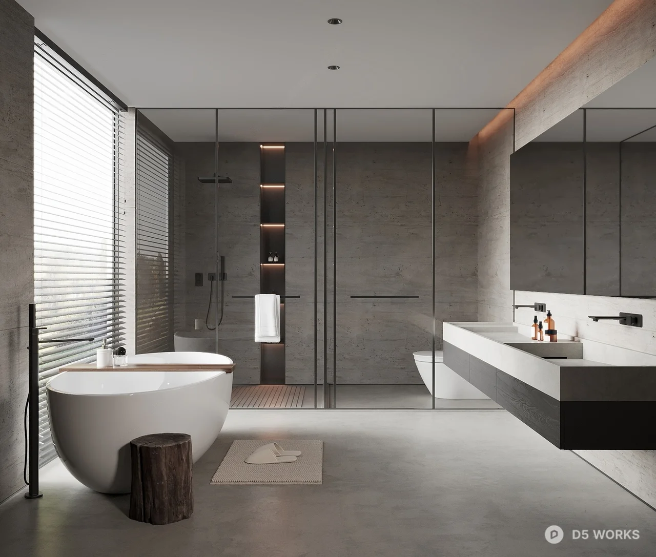 Minimalist Concrete Bathroom With Freestanding Tub 3d model - Image 1