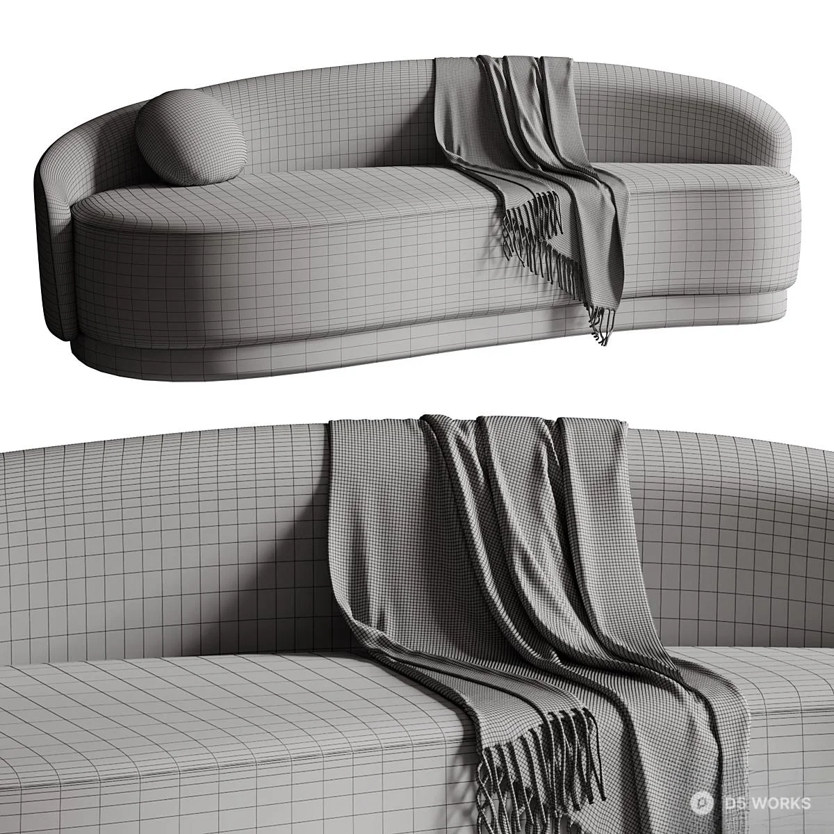 Curved Bouclé Three-Seater Sofa 3d model thumbnail 2