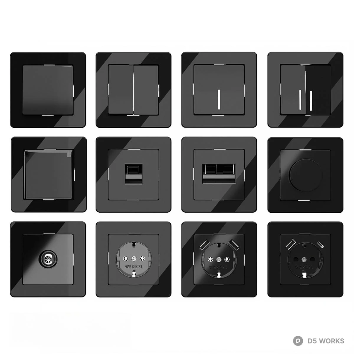 Black Glass Switch And Socket Panel Set 3d model - Image 1