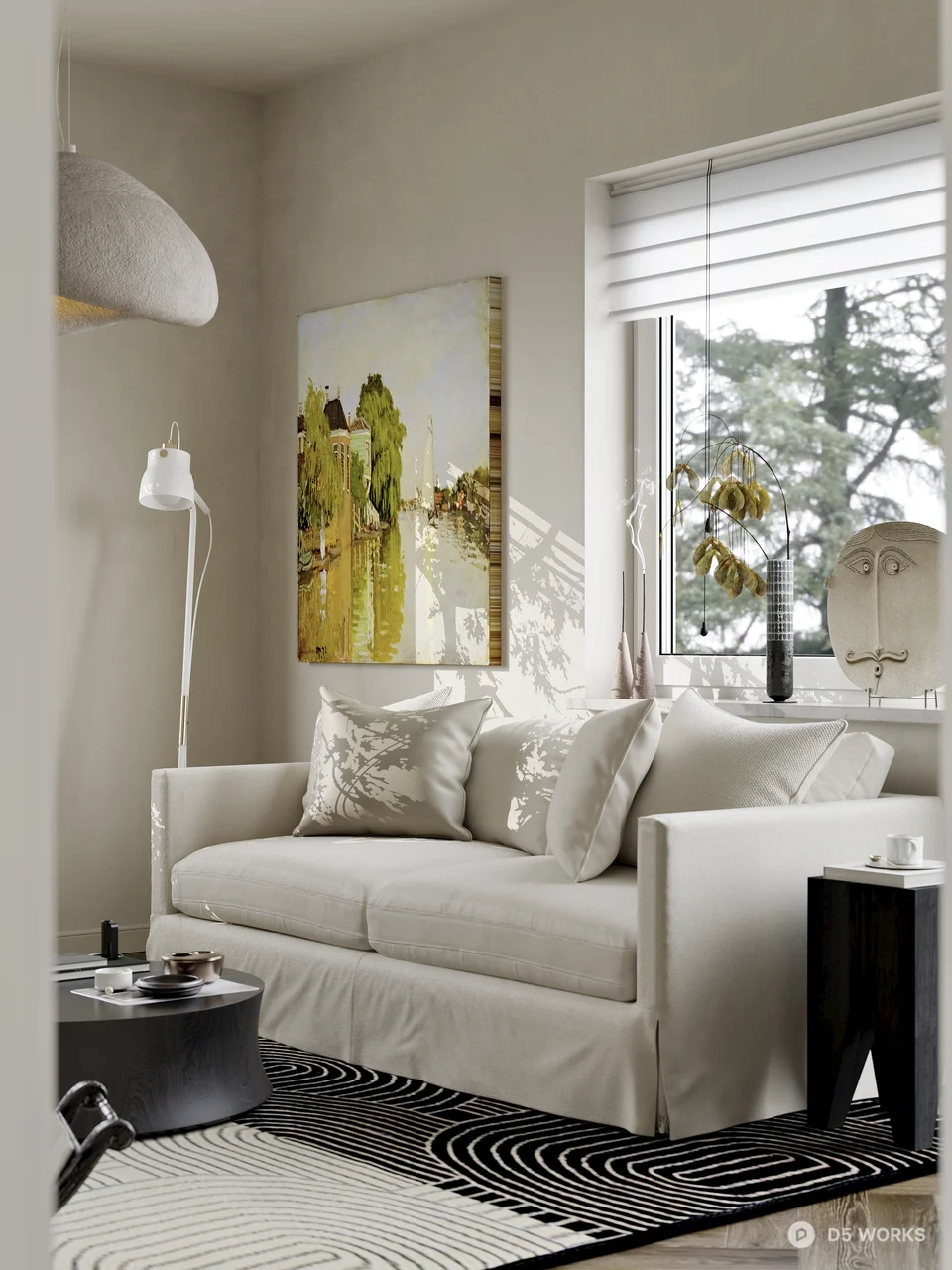 Minimalist Living Room with Yellow Accent Chair 3d model thumbnail 2