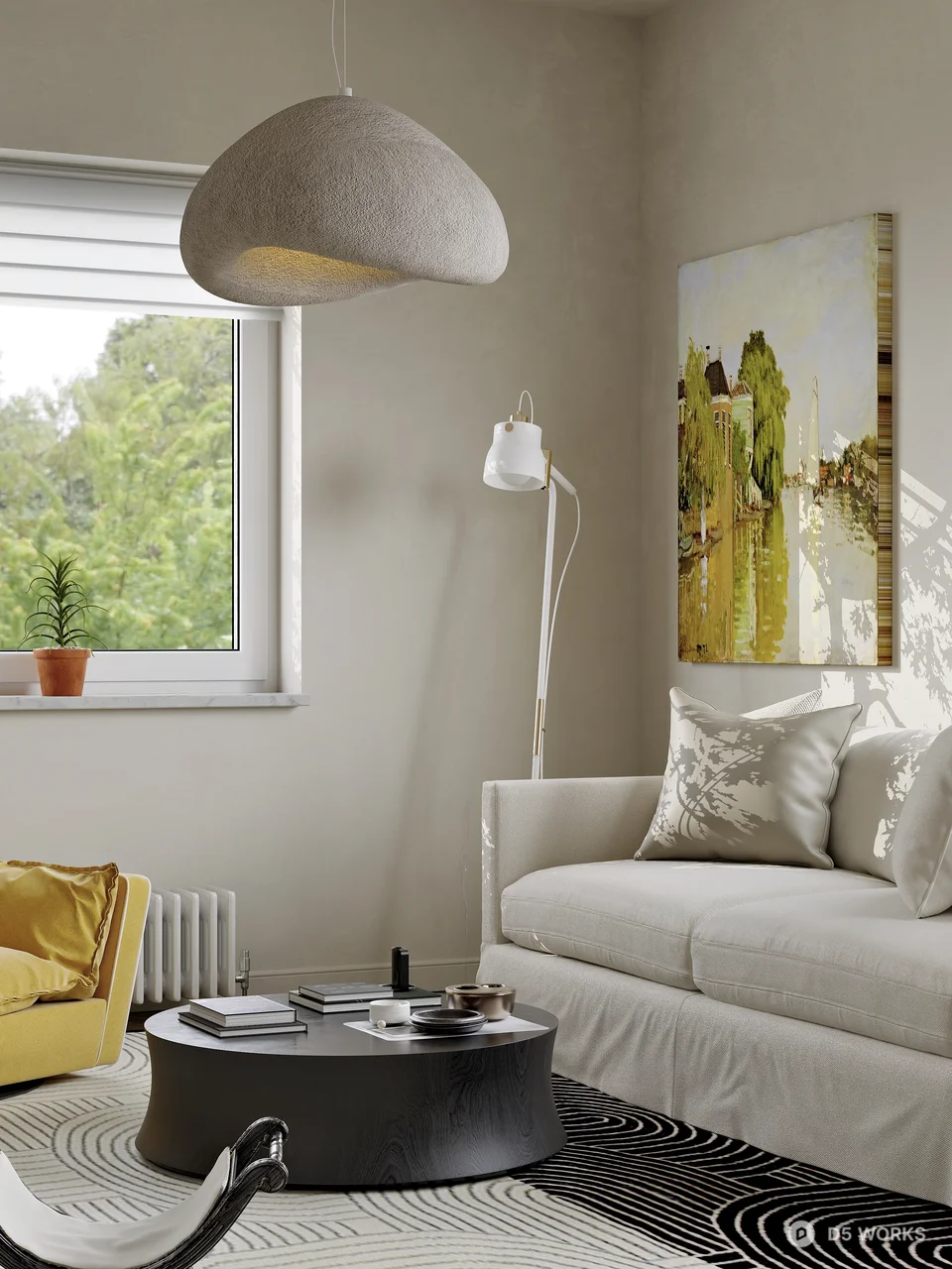 Minimalist Living Room with Yellow Accent Chair 3d model thumbnail 5