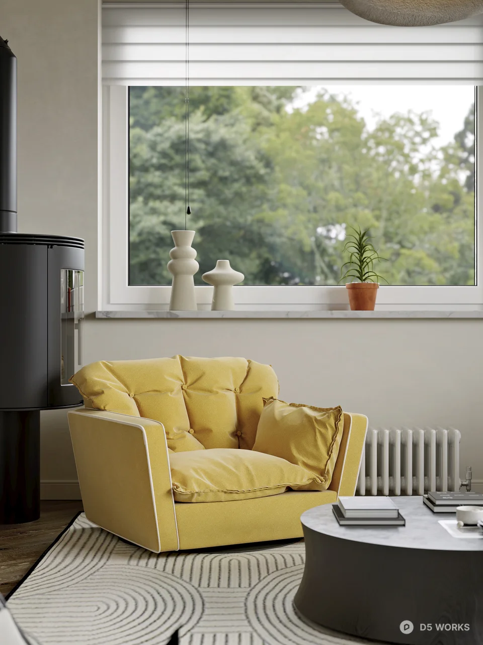 Minimalist Living Room with Yellow Accent Chair 3d model thumbnail 4