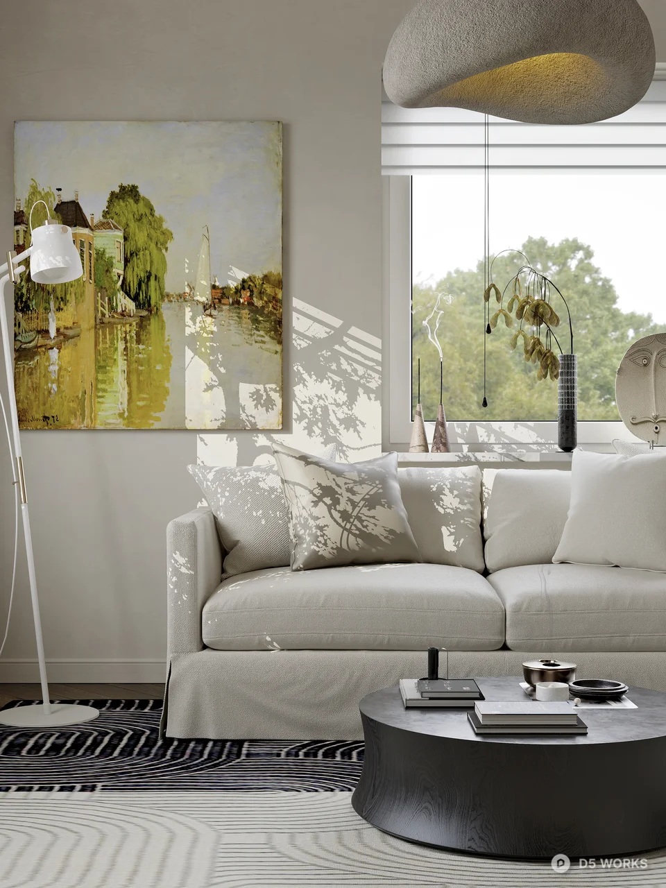 Minimalist Living Room with Yellow Accent Chair 3d model thumbnail 3