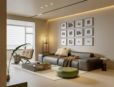 Modern Living Room with Leather Sofa and Gallery Wall 3d model