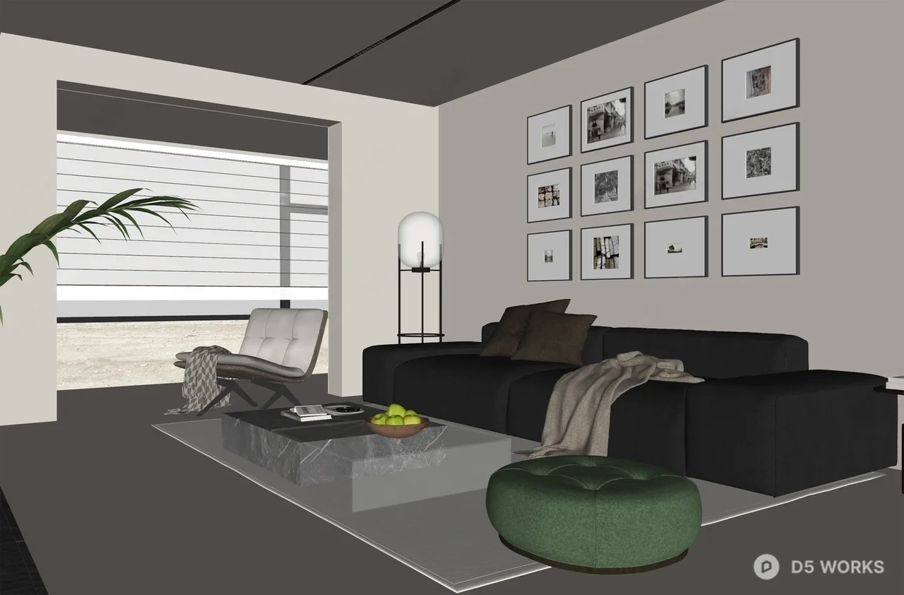 Modern Living Room with Leather Sofa and Gallery Wall 3d model thumbnail 3