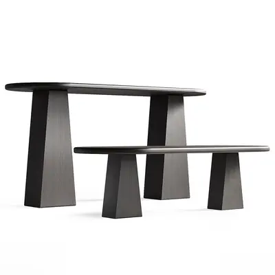 Minimalist Black Wood Dining Table And Bench Set 3d model