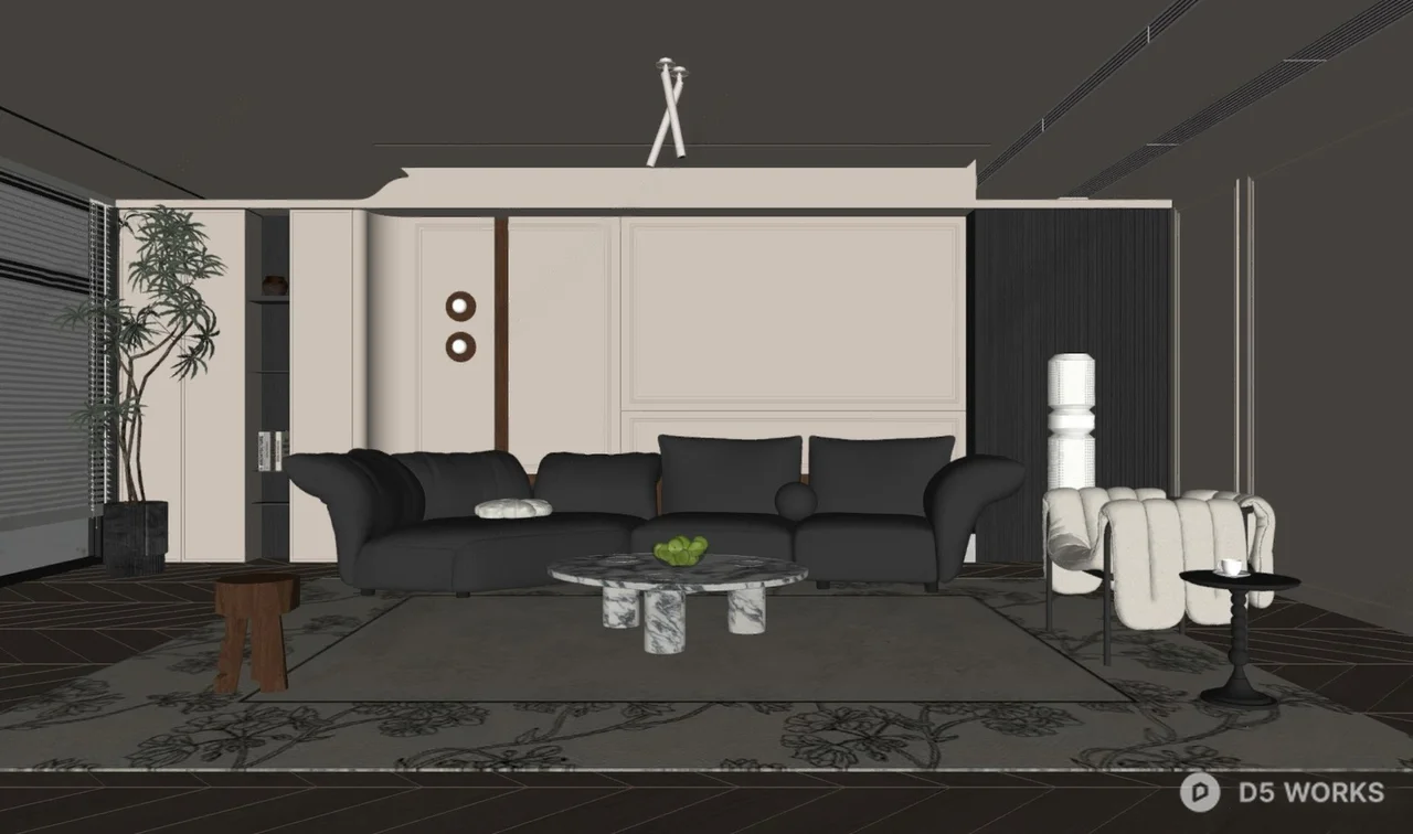 Minimalist Living Room With Modular Sofa And Marble Coffee Table 3d model thumbnail 2