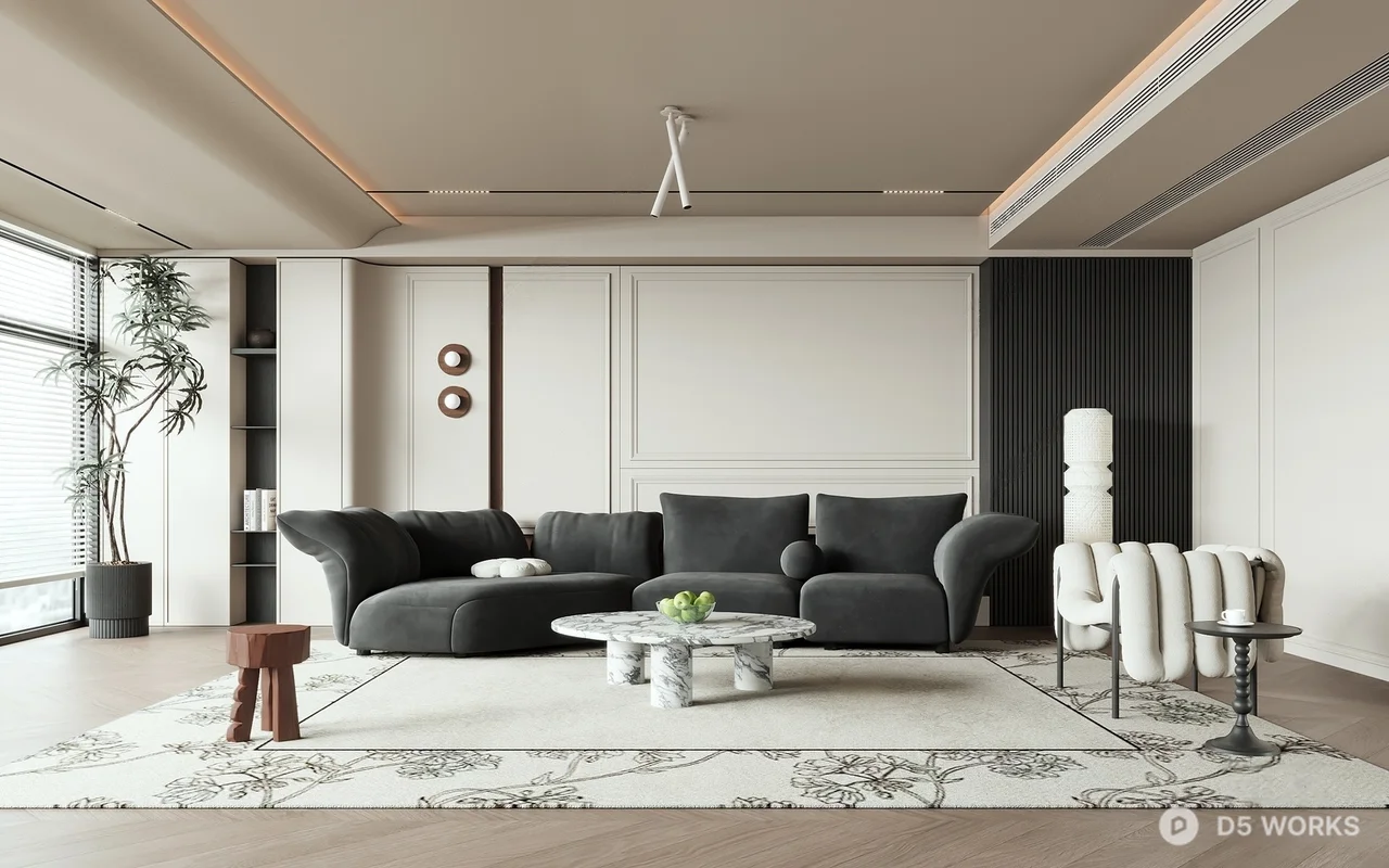 Minimalist Living Room With Modular Sofa And Marble Coffee Table 3d model - Image 1