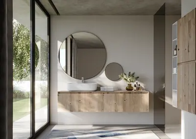 Minimalist Bathroom with Wooden Vanity and Round Mirror 3d model