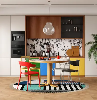 Modern Dining Space With Color Block Cabinetry And Marble Backsplash 3d model