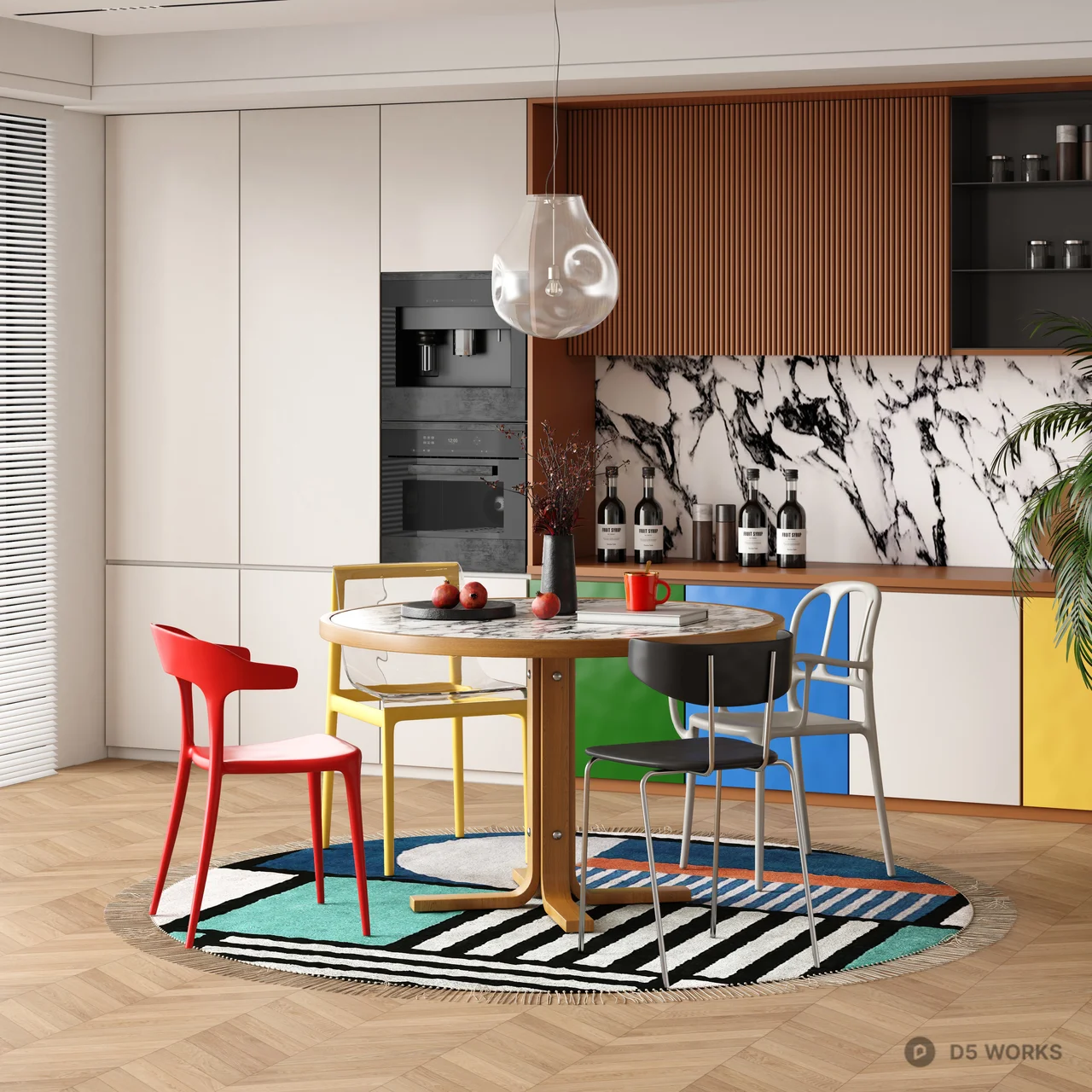 Modern Dining Space With Color Block Cabinetry And Marble Backsplash 3d model thumbnail 2