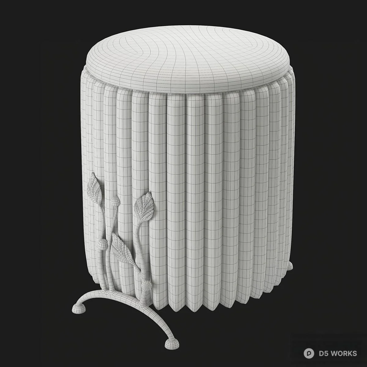 Ornate Velvet Pleated Stool With Floral Metal Base 3d model thumbnail 6