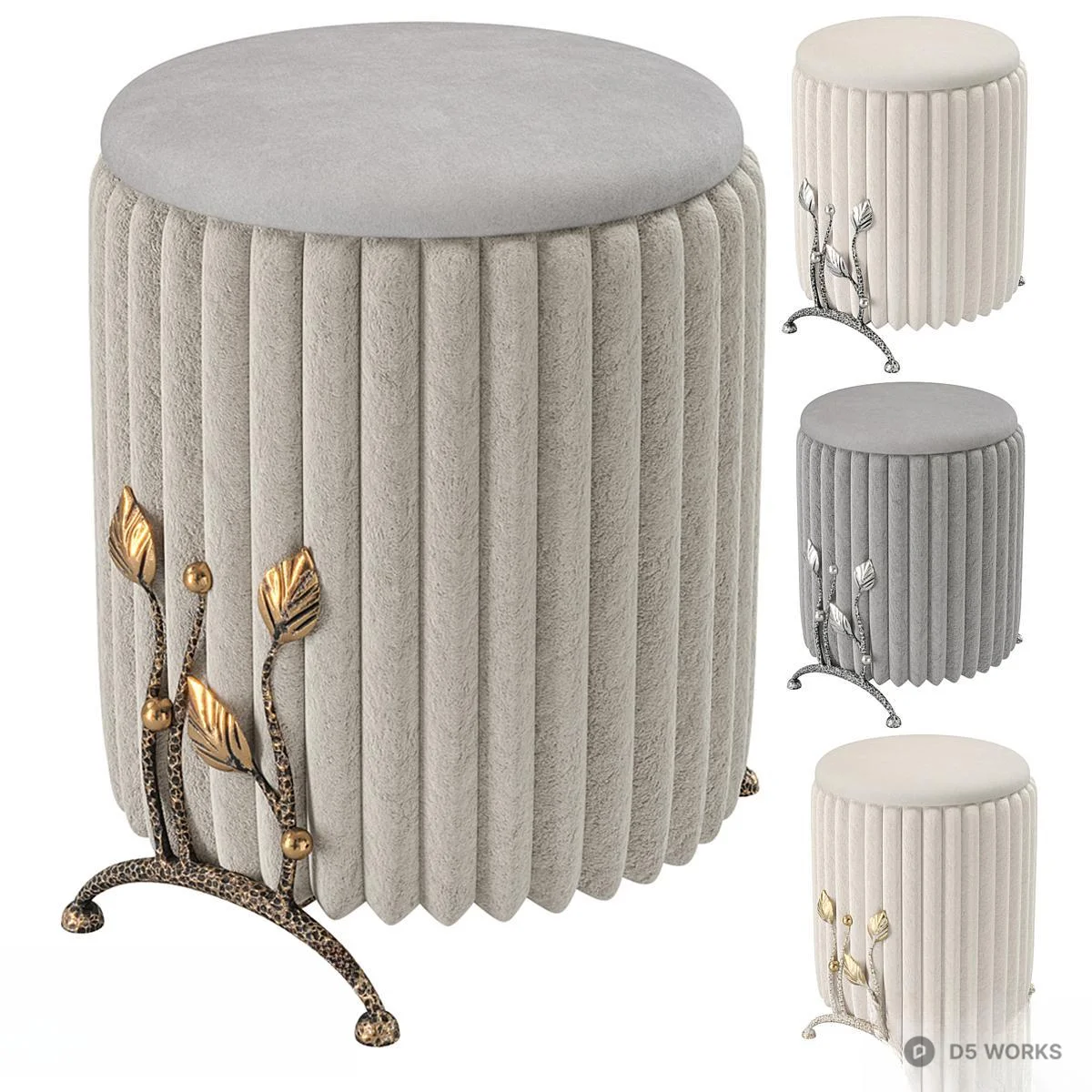 Ornate Velvet Pleated Stool With Floral Metal Base 3d model - Image 1