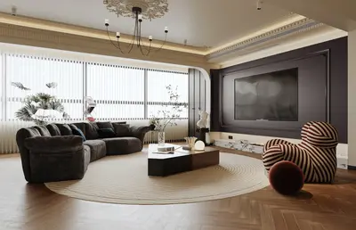 Modern Luxury Living Room with Curved Sofa and Statement Lighting 3d model